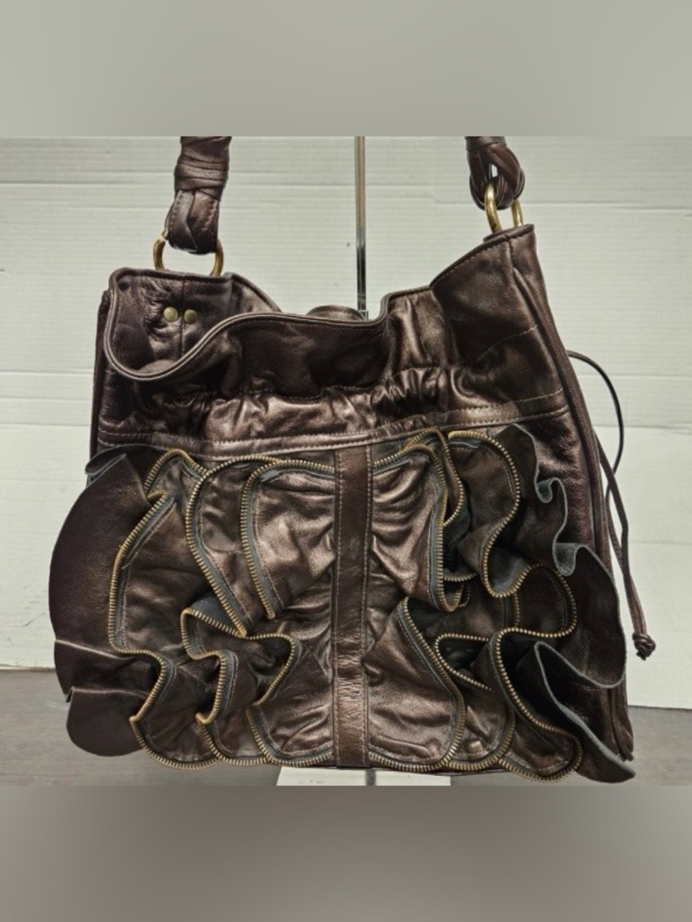 Susan Farber Dark Brown Ruffle Zipper layered Leather Shoulder Bag NWT $398
